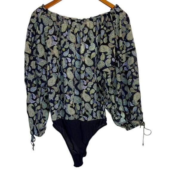 Free People Bodysuit Women XS Navy Blue Sundown Paisley Boho Peasant Festival - Picture 7 of 11